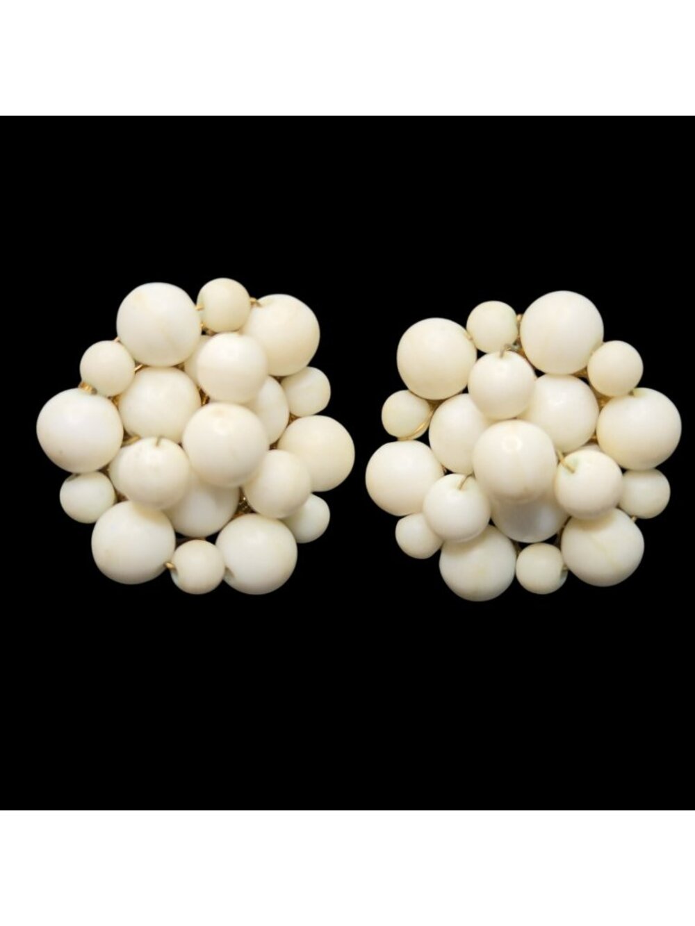 Vintage 1" White Beaded Cluster Clip On Earrings